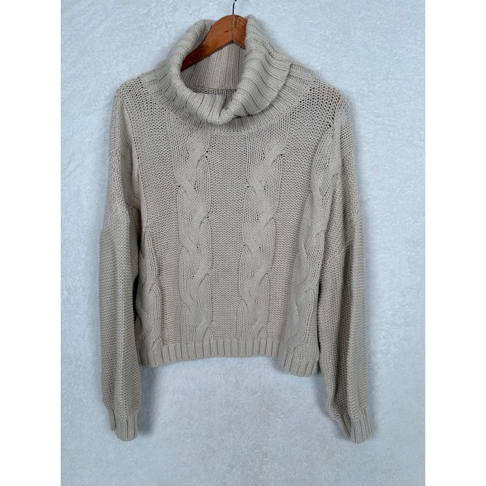 Unbranded Cable Knit Sweater Women L Beige Turtleneck Chunky Cotton Blend